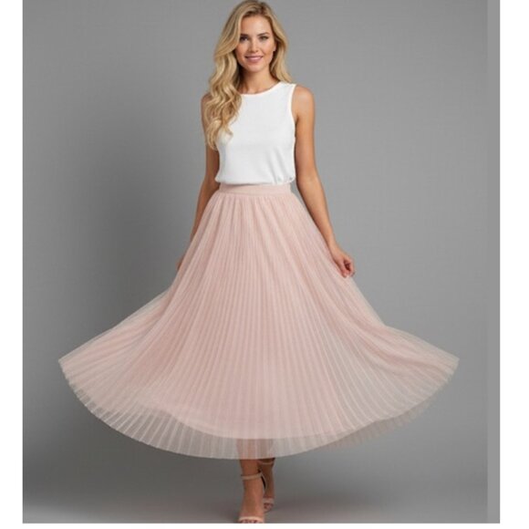 Baby Pink Mesh Tulle Pleated Skirt - Picture 4 of 10